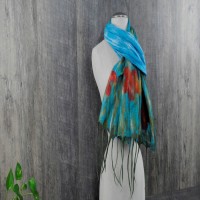 Turquoise on Red Flower Felt Scarf